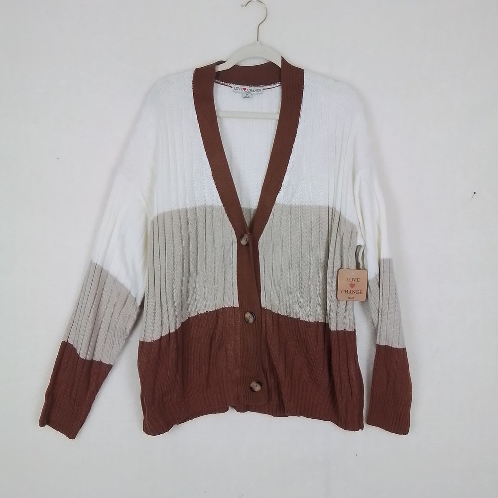 Plus‎ Size Acrylic Cardigan Sweater Size 2X White, Brown, Tan Colorblock